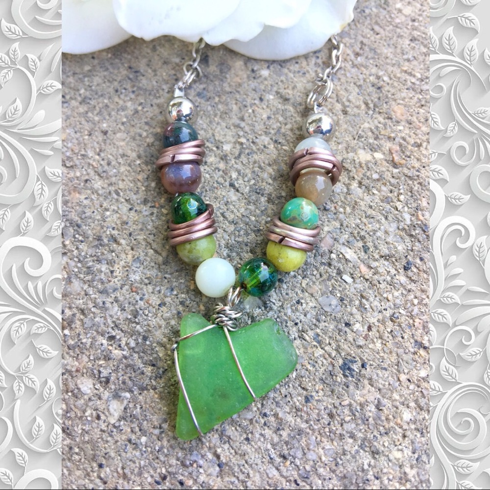 Long green gemstone and seaglass necklace